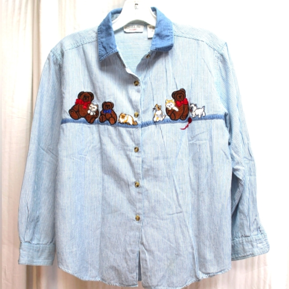 VINTAGE Victoria Jones Petites Blue Twill Pinstripe bear‎ Button Up Shirt